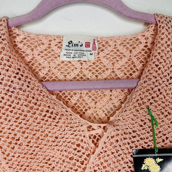 Lim's Vintage Hand Crocheted Cotton Button Down Cardigan Sweater Salmon Pink Med - Picture 2 of 5